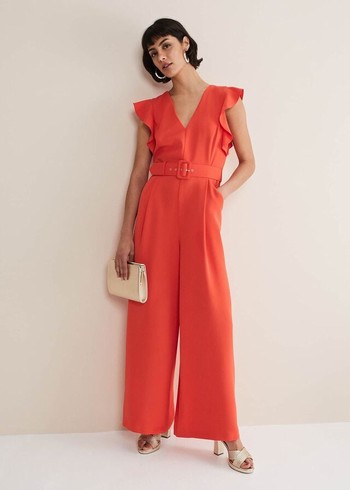 Phase Eight Kallie V Neck Frill Jumpsuit Orange USA | 2106875-TK